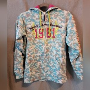 Cabela's Blue Camouflage Hoodie with Vibrant Yellow Hot Pink Purple Accents